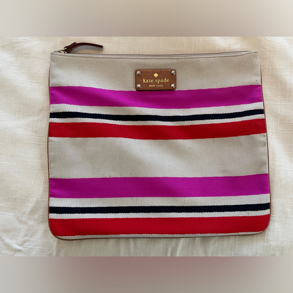 Kate Spade Clutch. Beige with magenta, red and black stripes.